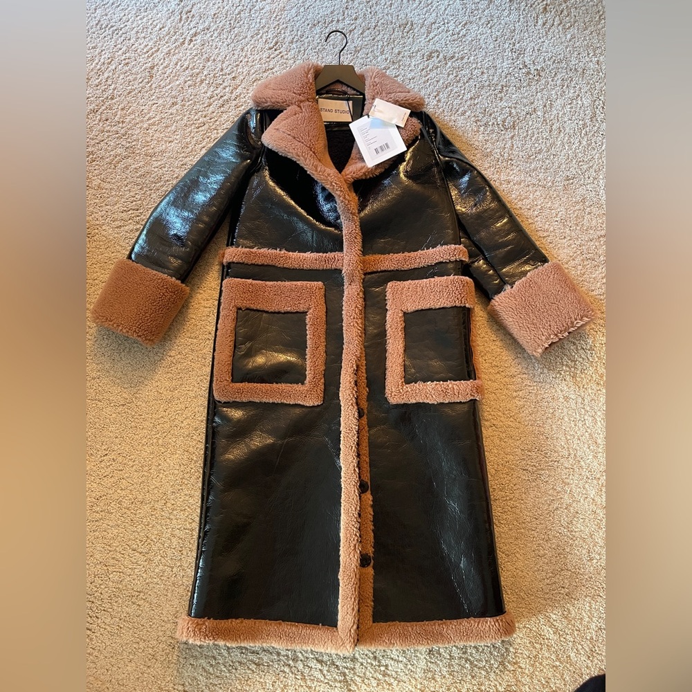 Stand Studio AUBREY Black and Brown Vinyl and faux shearling coat sz 32 Euro NWT